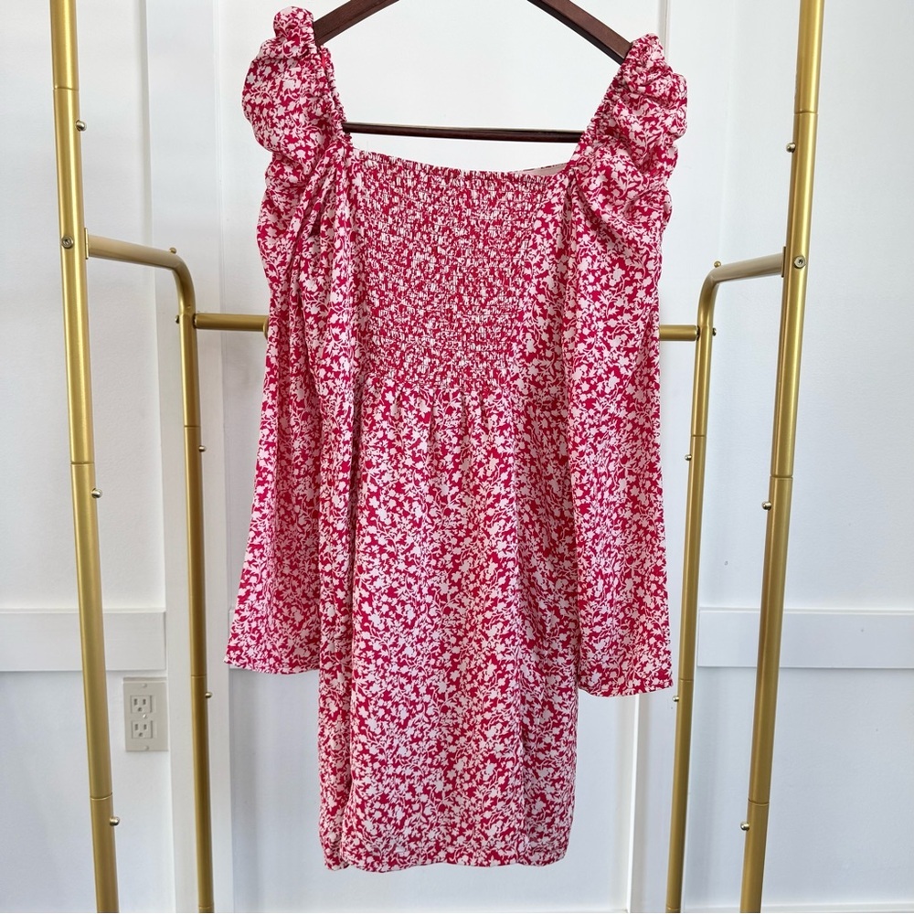 Leith Puff Sleeve Long Sleeve Red Floral Minidress Size Medium - Picture 6 of 9